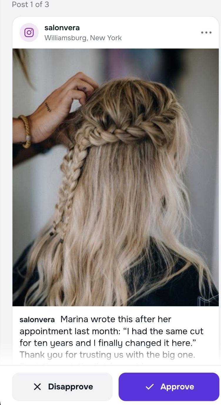 The Qanola app showing Post 1 of 3 as Instagram would draw it, for salonvera in Williamsburg, New York, with the caption Qanola drafted and two buttons: Disapprove and Approve.