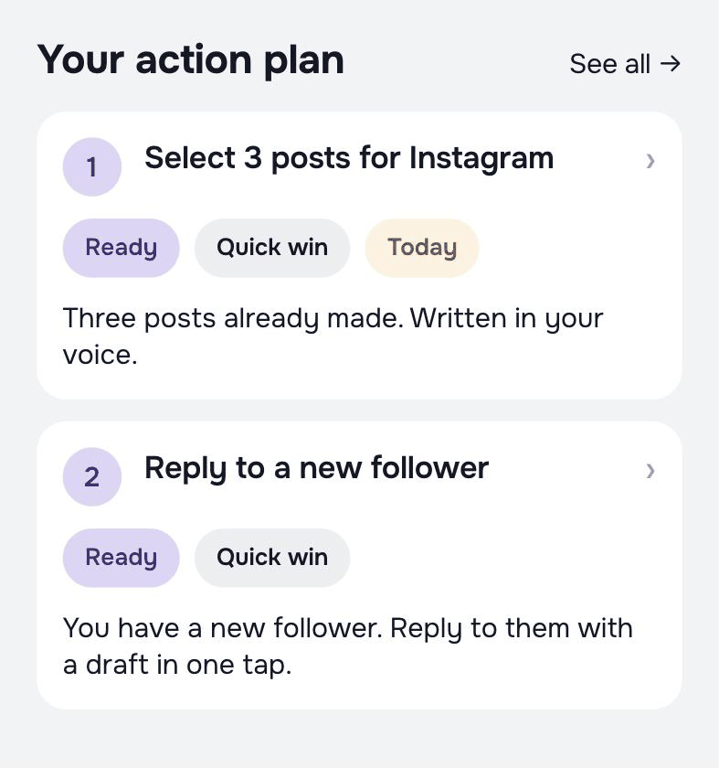 The Qanola app, "Your action plan": "Select 3 posts for Instagram" tagged Ready, Quick win and Today, and "Reply to a new follower" tagged Ready and Quick win.